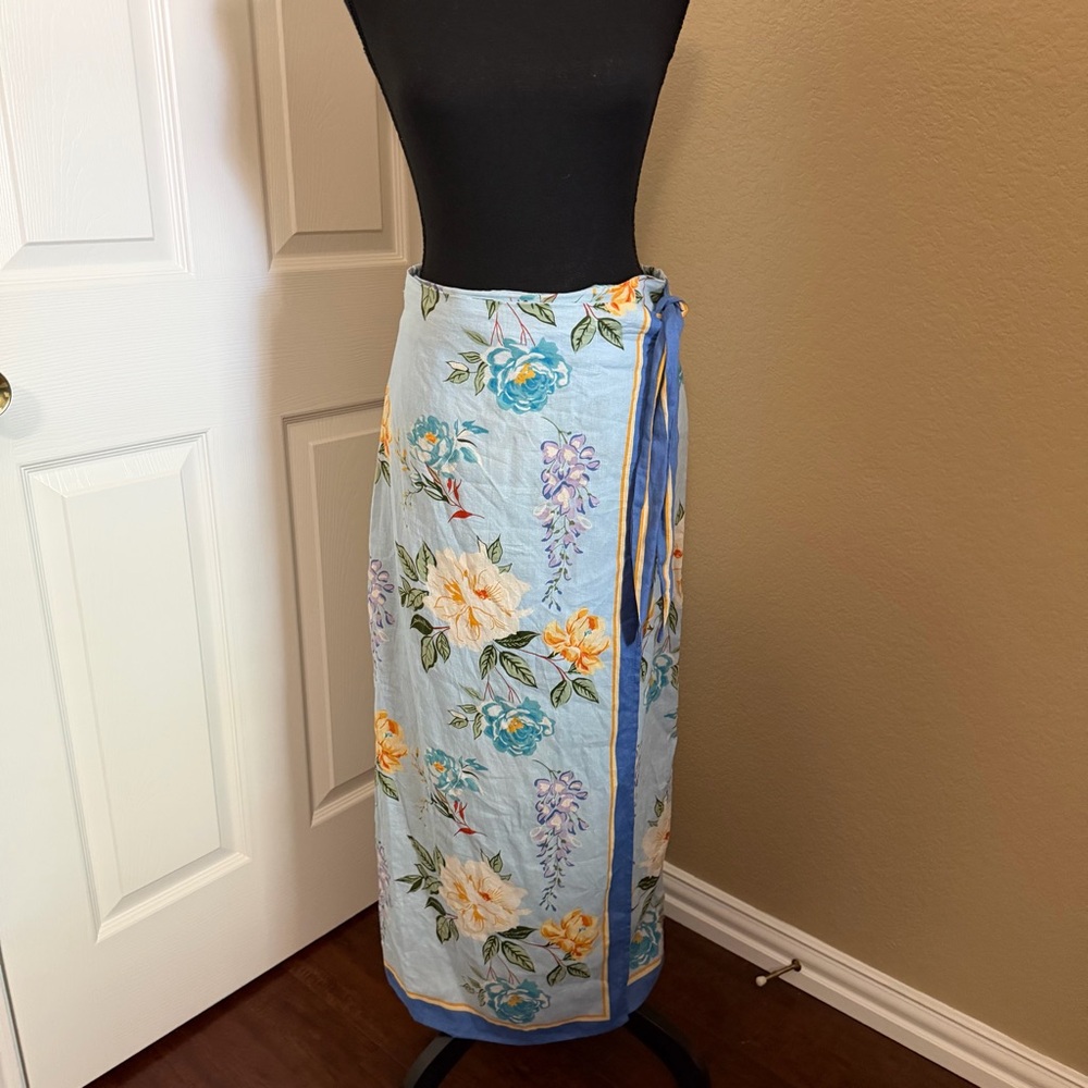 Joie Pale Blue Floral Wrap Skirt with Yellow Blooms